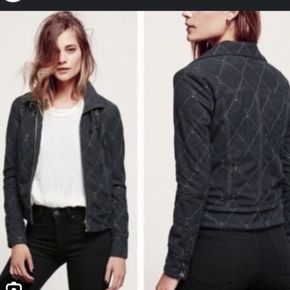 FREE PEOPLE Grey Quilted Studded Moto Sweater Jacket With Neck Buckles. Small
